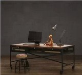 美式乡村复古书桌loft风格铁艺做旧仿锈办公桌实木写字台电脑桌
