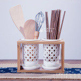 日式陶瓷筷子筒筷子笼筷子架竹木架沥水盘筷勺刀叉收纳盒双筒三桶