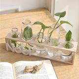创意水培绿萝桌面摆台透明玻璃小花瓶 木底座花瓶仿真花假花摆件