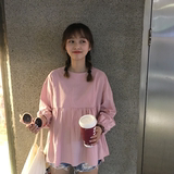 秋季新品女装韩国官网同款棉麻灯笼袖上衣娃娃衫嫩粉色长袖t恤