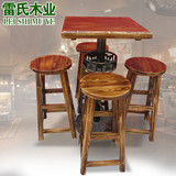 爆款！火烧木酒吧桌椅组合套件 碳化实木咖啡奶茶店桌椅现代简约