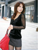 加大码春秋女装韩版长袖T恤时尚修身纱袖拼接金丝绒打底衫上衣