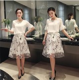2016夏季新款韩版女装雪纺短袖夏装印花欧根纱连衣裙两件套装中长