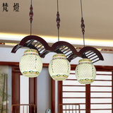 中式仿古餐厅饭厅书房吊灯三头长方形实木中国风景德镇陶瓷灯具