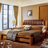 中式实木双人床1.8米皮软靠榻榻米婚庆床1.5米实木床柚木色床爆款