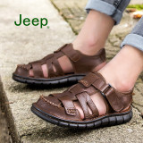 吉普男凉鞋夏季真皮手工包头厚底Jeep防滑沙滩鞋透气耐磨休闲皮鞋
