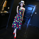 夏装新款韩版气质修身彩色印花拼接中长款吊带百褶高腰连衣裙L12