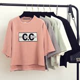 蘑菇街女装2016春夏季新款韩版纯色宽松七分袖学院风七分袖T恤衫