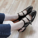 韩版2016秋季百搭新款漆皮一字扣方头低跟粗跟单鞋女学院风小皮鞋