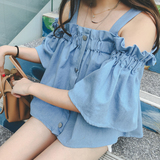 八爪娘娘2016夏季新款韩版一字领露肩上衣 宽松性感衬衣女学生潮