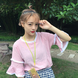 韩国chic风夏季女装软妹可爱花边袖宽松短袖T恤韩版学生中袖上衣