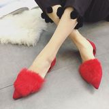 蘑菇家 獭兔毛浅口平跟舒适测空绒面尖头单鞋KE3 印2013-1