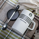 创意星巴克咖啡杯黑白直筒杯陶瓷马克杯带盖勺牛奶杯情侣水杯茶杯