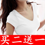 夏装新品韩国学生宽松百搭打底衫领口设计V领短袖T恤女加大码胖MM