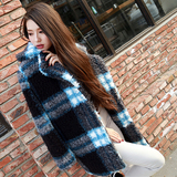 韩国代购羊羔毛格子羊绒大衣中长款宽松茧型加厚羊毛呢子外套女装