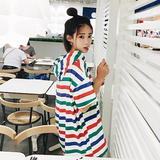 夏季女装韩版复古彩色条纹连帽宽松学生中长款T恤短袖上衣连衣裙