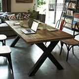 美式餐桌椅组合实木办公桌复古工业风电脑桌实木做旧铁艺咖啡厅