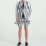 CJHOMME原创品牌西服套装男夏季亚麻透气灰白条纹长袖短裤休闲826