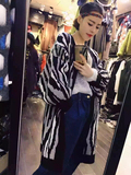 韩国代购2016春款中长款加厚灯笼袖兔毛针织开衫斑马纹毛衣外套女