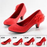 韩版婚鞋红色中跟舒适花朵红鞋大码结婚鞋子新娘鞋伴娘鞋高跟单鞋