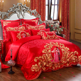 新婚庆四件套大红刺绣纯棉结婚床上用品全棉绣花六八十多件套床品
