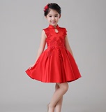 包邮2016新款女童公主裙春节奢华蕾丝旗袍裙/儿童红色礼服裙加绒