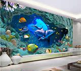 包邮3D大型客厅电视墙卧室墙壁贴纸贴画自粘墙贴墙纸海底世界海豚