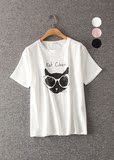 品牌单 女装2016夏新款甜美猫咪眼镜印花纯棉短袖打底T恤衫Y0547