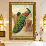 欧式玄关油画大厅竖版孔雀挂画定制纯手绘壁画有框画美式动物画