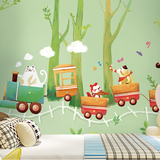 卡通森林小动物墙纸 儿童房卧室绿色壁纸 幼儿园益智满铺大型壁画