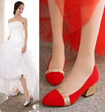 2016年春秋新款甜美韩版尖头中跟红色婚鞋粗跟银色金色圆头新娘鞋