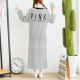 2016春夏新款可爱外贸PINK宽松睡裙长款女士纯棉条纹睡衣长裙