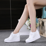 夏季系带小白鞋女内增高镂空女鞋坡跟白色板鞋运动休闲鞋厚底网鞋