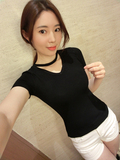 夏季T恤女装韩版百搭短袖领口镂空显瘦纯色针织衫上衣女打底衫潮