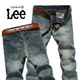 Lgnace lee牛仔裤男夏季薄款小脚修身 韩版做旧复古磨白休闲长裤