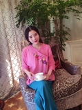 泰国进口热销手工刺绣纯棉复古中式民族风七分袖宽松粉上衣衬衫女