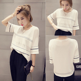 夏季新款 韩版纯色宽松显瘦中袖白色针织衫T恤圆领条纹上衣女学生