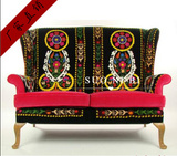 新古典实木美式老虎椅休闲单人沙发个性印花布艺影楼高背椅可定制