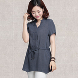 加大码衬衫女短袖中长款夏季新品中年女式韩版收腰显瘦纯色打底衫