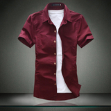 韩版男士修身时尚酒红色短袖衬衫 夏款衬衣 潮 舒适收腰高领短袖