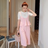 新款韩版夏装气质时尚套装女春款修身显瘦粉色阔腿裤两件套潮