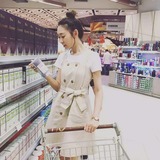 韩国东大门 2016夏冰丝针织衫+修身双排扣两件套背带连衣裙套装女