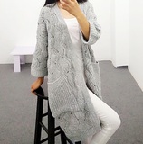 2016秋冬新款女毛衣装外套韩版中长款镂空针织女开衫包邮