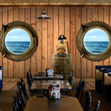 3D立体个性海盗船背景墙纸休闲吧咖啡厅水吧复古木纹大型壁画壁纸