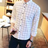 2016男士格子衬衫长袖韩版修身型衬衣男青少年学生夏季薄款寸衫潮