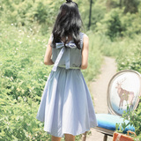 韩版夏季学生小清新条纹连衣裙背后蝴蝶结简约浅色少女中长款百搭