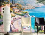 3D立体墙纸壁画电视沙发背景墙壁纸无缝墙布壁画地中海风景油画