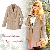 新款春季日本代购女装日系英伦格子双排扣气质中长款西服外套