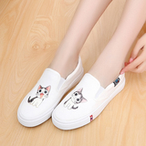 夏季韩版低帮平跟女学生休闲白色猫咪平底涂鸦帆布鞋一脚蹬懒人鞋