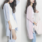 夏季2016新款韩国小格子防晒衣七分袖中长款宽松衬衫雪纺开衫女